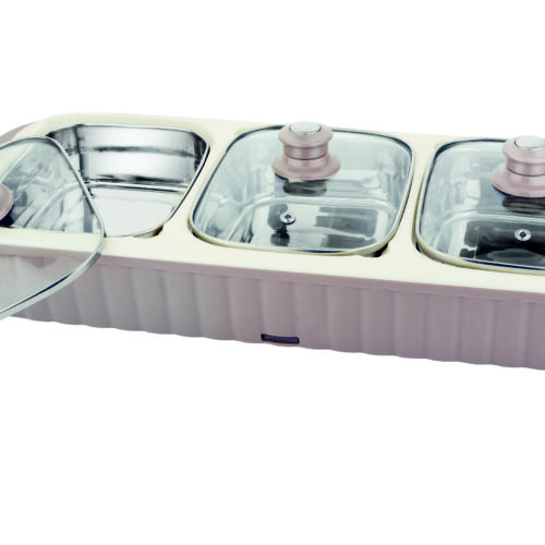 Buffet 3| 3 Bowl Electric Chafing Dish | 1100 ML + 1100 ML +1100 ML | Toughended (Glass Lid) | Removable | Keeps food Hot for desired time